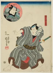 Les acteurs Ichimura Uzaemon XII en Goshaku Somegoro et Onoe Kikugoro III en Denkichi Tsuchizaemon (incrustation)