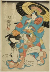 Les acteurs Ichimura Uzaemon XII en tant que Tada Kurodo Yukitsuna et Bando Shuka en tant que fantôme de Naruto no Mae