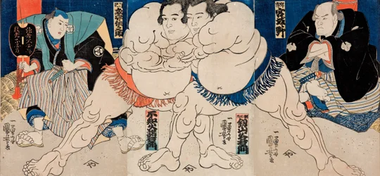 Les lutteurs de sumo Shiranui Dakuemon (au centre à gauche) et Tsurugizan Taniemon (au centre à droite), en compagnie de l