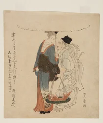 Le dieu Ebisu marchant avec une jeune femme dans la neige