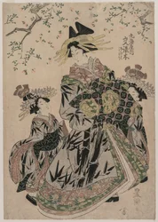 La courtisane Katakoshigi (?) de Maruebiya avec ses Kamuro Ageha et Midori