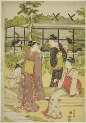 Femmes visitant la maison de thé des oiseaux et des fleurs (Kachojaya)