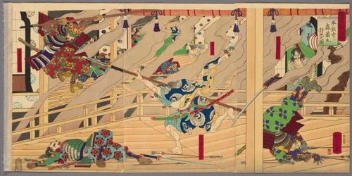 Mori Ranmaru tué lors de la bataille de Honnoji (Honnoji ni Mori Ranmaru uchijini no zu), tiré de la série "The Record of Toyotomi