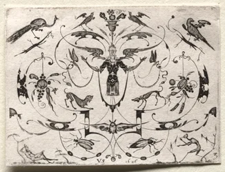 Arabesque avec paon, perruche, chiens et insectes