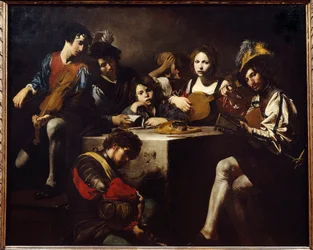Le concert en bas-relief. Musiciens rassemblés autour d