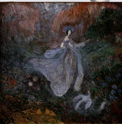 Matin. Une femme vêtue de voiles marche vers un oiseau au sol, dans un jardin fleuri. Œuvre de Vasili Dmitrievich Millioti (1875-1943), aquarelle, gouache et encre sur papier