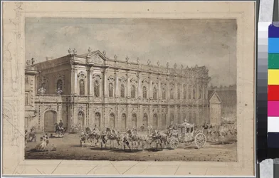 Le Musée des Carrosses de la Cour (Le Musée des Écuries) à Saint-Pétersbourg, par Sadovnikov, Vasily Semyonovich (1800-1879). Aquarelle sur papier