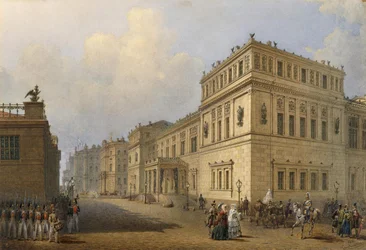 Vue du Nouvel Ermitage à travers la rue Millionnaya
