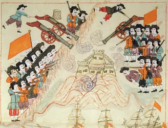 Miniature de Memorie Turchesche représentant les Vénitiens et leurs alliés reprenant la forteresse de Limnos aux Turcs ottomans, Ms. cicogna 1971