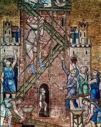 Architecture byzantine : « La construction de la tour de Babel ». Sur le chantier, les maçons, montés sur des échafaudages, posent les pierres de la tour. Mosaïque réalisée par des artistes vénitiens, XIIIe siècle, basilique Saint-Marc, Venise