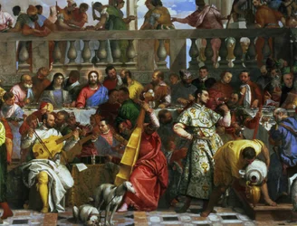 Les Noces de Cana, détail des musiciens et des chiens (détail)