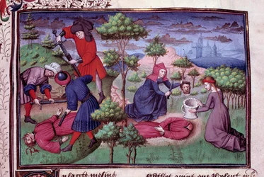 Scène de meurtre de deux hommes dont les meurtriers coupent les têtes. Page d