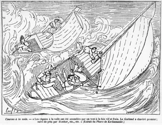 Course de voiliers, bateaux chavirés : « les régates de voile étaient soutenues par un vent fort et frais. Le bateau le Goéland a chaviré en premier, suivi de très près par Monitor... » - dessin de Crafty, dans « Le Centaure ».
