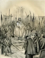 Couronnement de Hugues Capet (941-996) à Noyon en 987. Ce couronnement a marqué le début de la dynastie des Capétiens, rois de France qui ont régné, en succession directe ou indirecte, pendant 8 ans. Gravure de Victor Adam (1801-1866) dans le livre « Franc