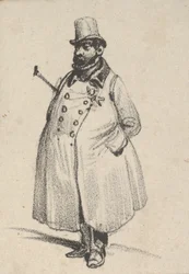 Homme portant un manteau et un chapeau avec une canne sous le bras, milieu du 19ème siècle