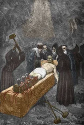 Affaire des possédées de Loudun (démons de Loudun) vers 1630 : chasse aux sorcières, le prêtre français Urbain Grandier (1590-1634), qui aurait conclu un pacte avec le diable et est accusé d
