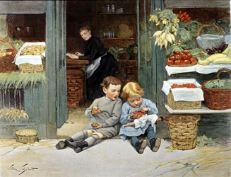 Deux enfants mangent une pomme et des fraises. Illustration