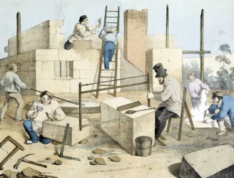 Le maçon, le tailleur et le scieur de pierre. Lithographie de Janson. XIXe siècle.