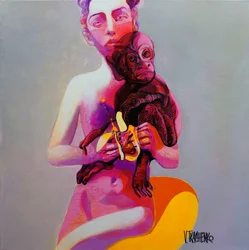 Femme nue tenant un singe