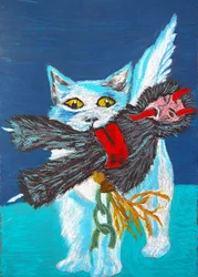 Un chat ailé attrape un démon