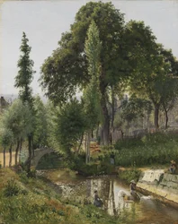 Paysage savoyard. Femmes lavant des vêtements dans la rivière