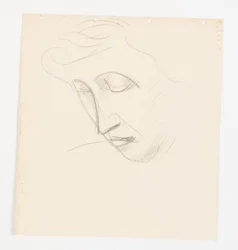 Portrait de femme en trois-quarts profil, penchée vers la gauche
