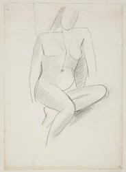 Femme assise, vue de face légèrement vers la droite, une jambe repliée sous l