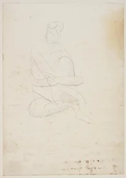 Femme nue assise, vue de face, les bras autour du genou levé
