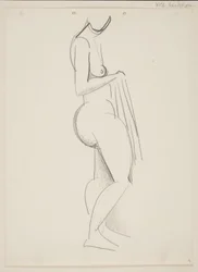 Femme nue debout, profil droit, drapé à la main