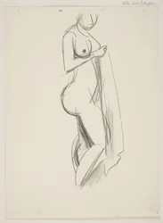 Femme nue debout, profil droit, draperie à la main