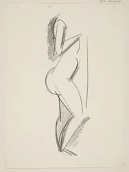 Femme nue debout, profil à droite, draperie à la main