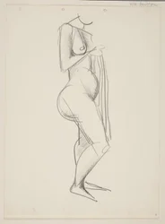 Femme nue debout, profil droit, draperie à la main