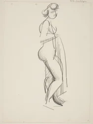 Femme nue debout, profil droit, draperie à la main