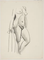 Femme nue debout, tournée vers la droite, draperie à la main