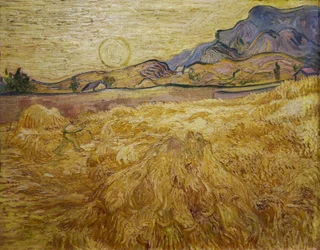 Champ de blé avec faucheur et soleil, 1889