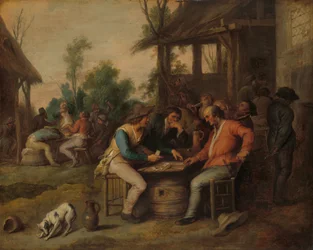 Deux hommes aux cartes devant une auberge de campagne, vers 1650 (huile sur panneau)