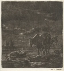 Paysage nocturne avec berger endormi et bétail