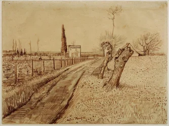 Paysage avec chemin et saules têtards
