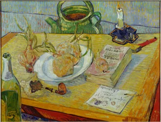 Nature morte avec planche à dessin, pipe, oignons et cire à cacheter