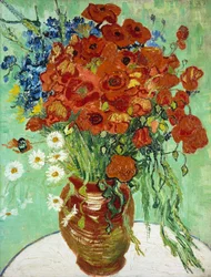 Vase avec des bleuets et des coquelicots