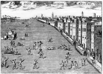 Venise, Italie. La lagune vers Murano glacée en 1708 dans « Singolarità di Venezia » par Vincenzo Coronelli (1650-1718)