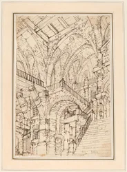 Intérieur de prison avec un escalier monumental