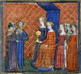 Le Roi Salomon recevant la Reine de Saba de la Bible historiale par Guiart des Moulins, 1400-1415