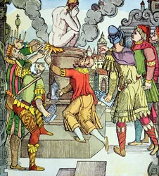 La vengeance de Virgile, gravure sur bois du 16ème siècle par Virgil Solis