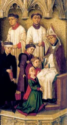 Triptyque de la Rédemption, détail des arches et du porche qui surmontent le panneau central, décrivant le sacrement de confirmation