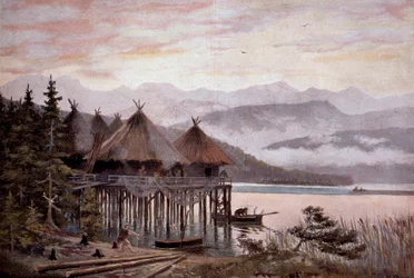 Préhistoire : village bâti sur pilotis sur les rives du lac de Zurich à l