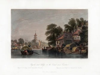 Pagode et village, sur le canal près de Canton, Chine, c1840
