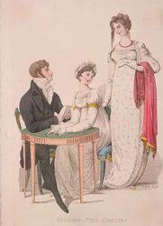Deux femmes et un homme en tenue de soirée, vers 1810