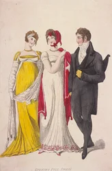 Deux femmes et un homme en tenue de soirée complète, vers 1810