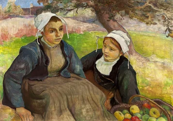 Deux femmes bretonnes avec un panier de pommes